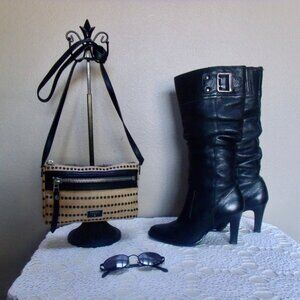 Matisse Boots Tall Black Leather Slip-On Heeled Boots Buckle Detail 6.5 M